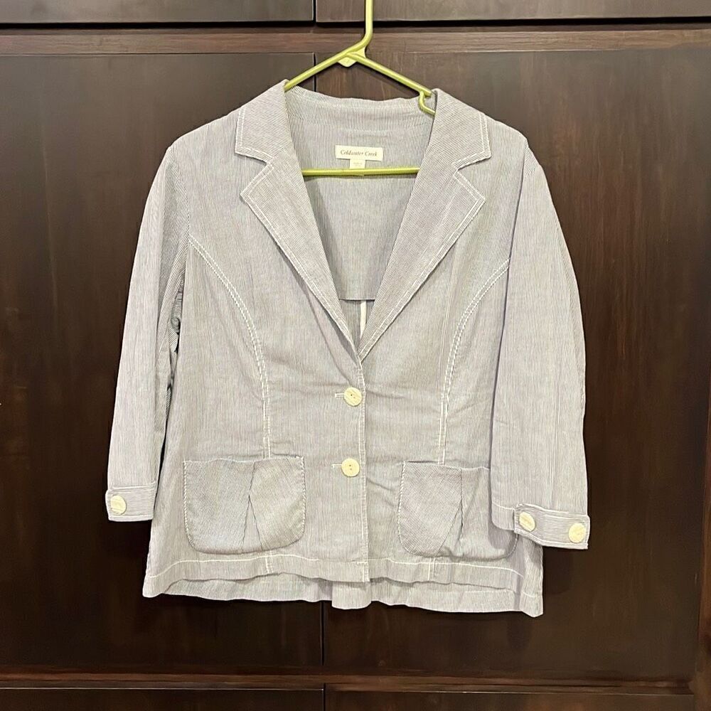 Coldwater Creek Blue White Striped Blazer 14 Petite 14P